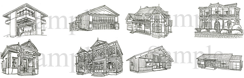 スカイハウス／旧中村家住宅／旧中埜家住宅／旧ハッサム住宅／旧林家住宅／旧ハンター住宅／前川國男邸／栗山 邸《鉛筆画》