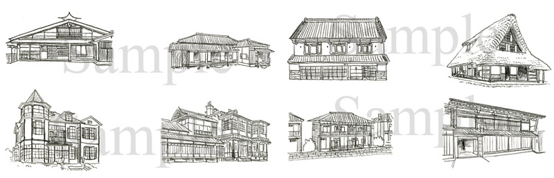 馬場家住宅／森鴎外・夏目漱石住宅／旧篠原家住宅／旧江向住家宅／旧内田家住宅／旧諸戸静六邸／東山手洋風住宅A／旧森家住宅《鉛筆画》