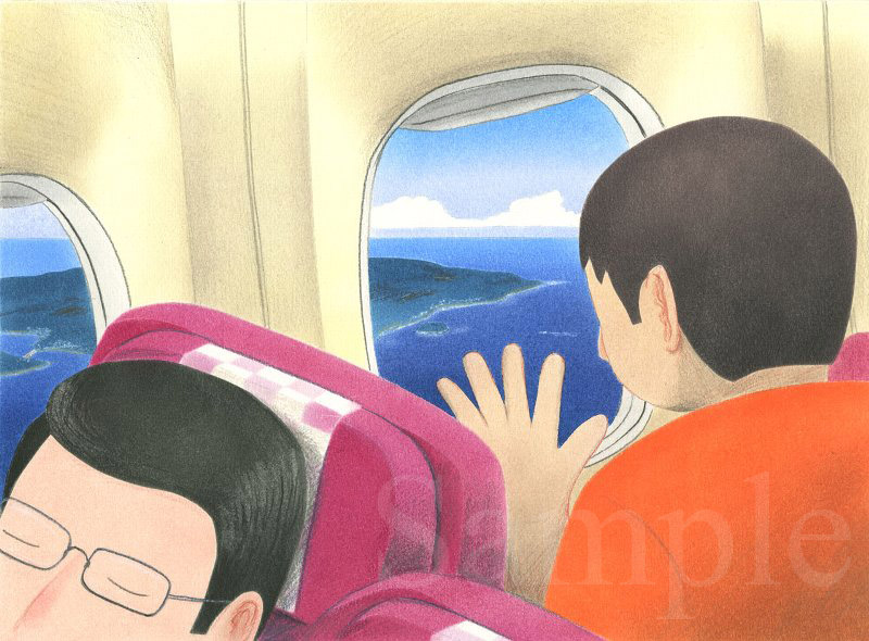 JAL機内から窓から外を眺める《色鉛筆》(31.4cm×23.2cm)