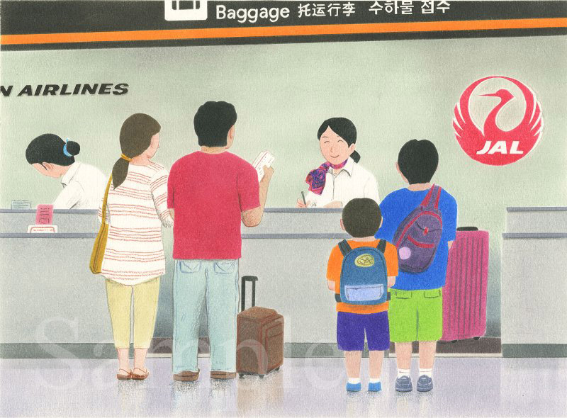 JAL搭乗手続きの光景。ワクワクする旅の入り口《色鉛筆》(31.4cm×23.2cm)