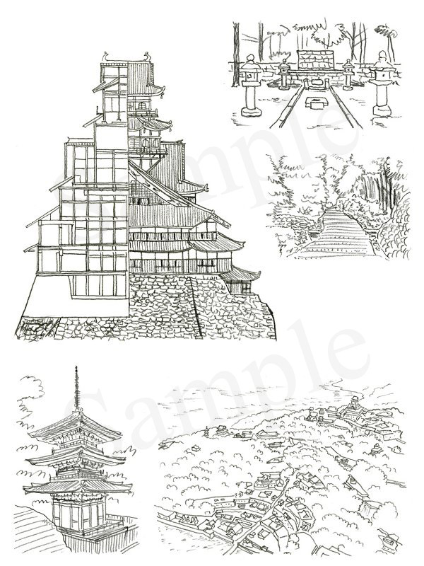 「日本の名城　解剖図鑑」　エクスナレッジ刊　安土城　イラスト　鉛筆画