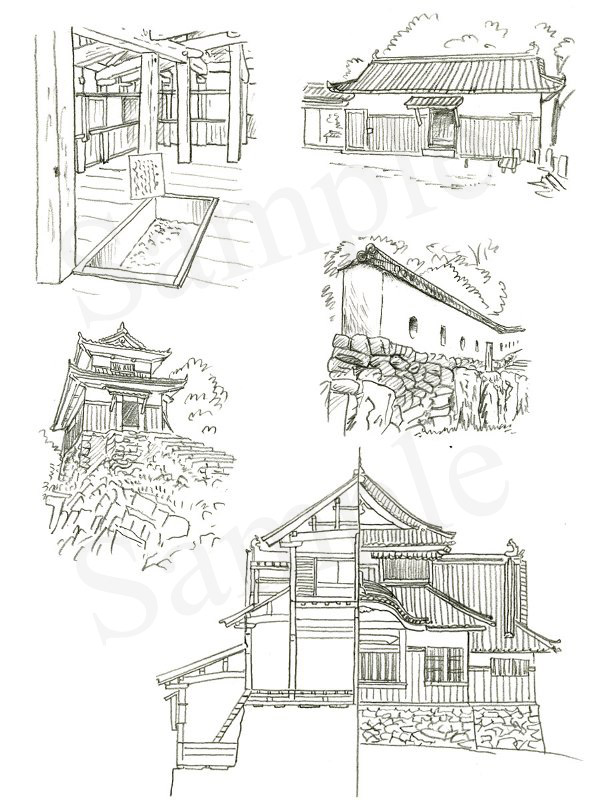 「日本の名城　解剖図鑑」　エクスナレッジ刊　備中松山城　イラスト　鉛筆画