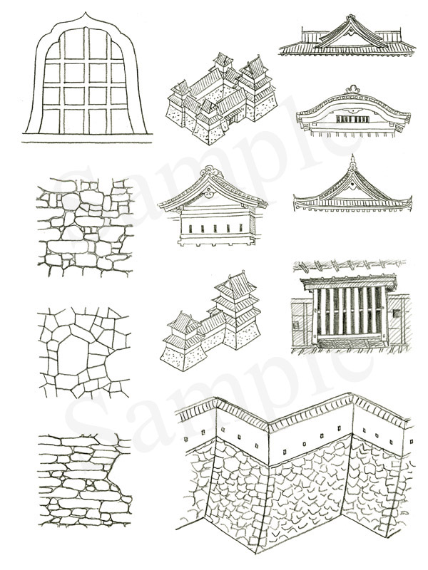 「日本の名城　解剖図鑑」　エクスナレッジ刊　イラスト　鉛筆画