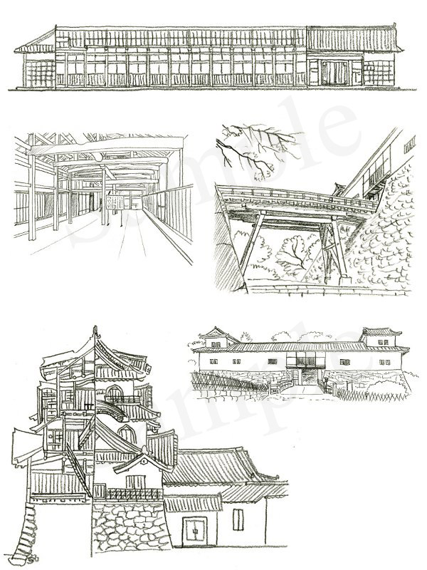 「日本の名城　解剖図鑑」　エクスナレッジ刊　彦根城　イラスト　鉛筆画