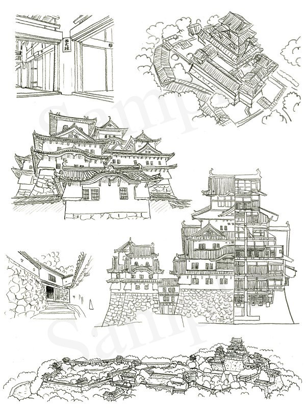 「日本の名城　解剖図鑑」　エクスナレッジ刊　姫路城　イラスト　鉛筆画