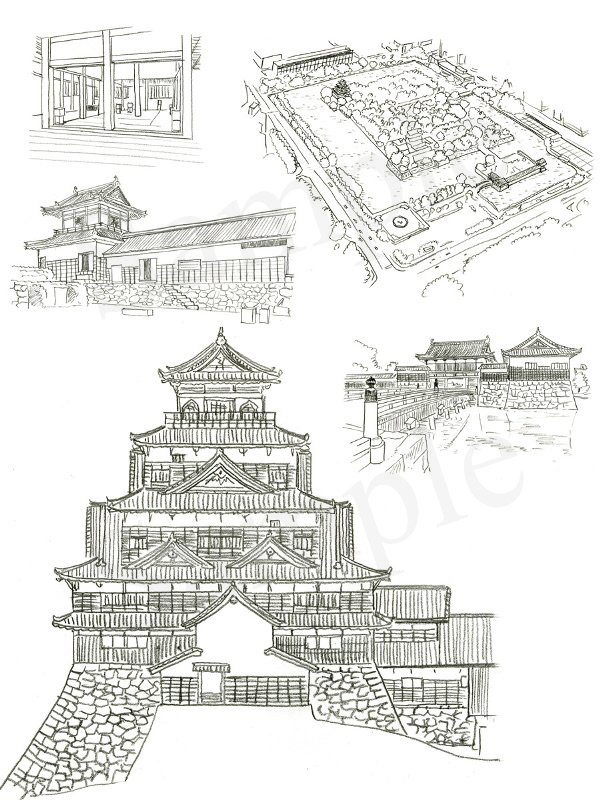 「日本の名城　解剖図鑑」　エクスナレッジ刊　広島城イラスト　鉛筆画