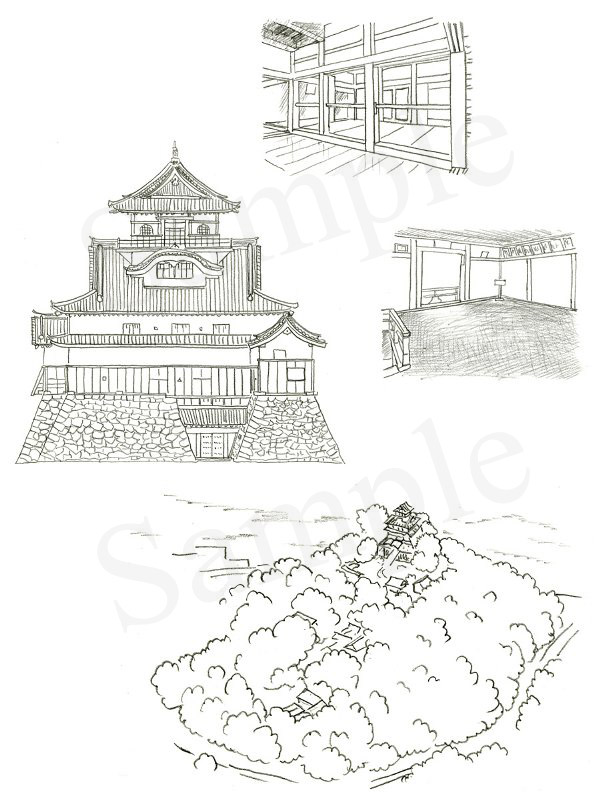 「日本の名城　解剖図鑑」　エクスナレッジ刊　犬山城　イラスト　鉛筆画