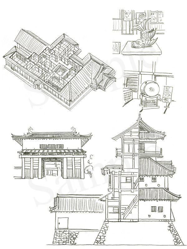 「日本の名城　解剖図鑑」　エクスナレッジ刊　掛川城　イラスト　鉛筆画