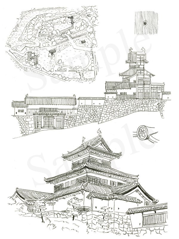 「日本の名城　解剖図鑑」　エクスナレッジ刊　白河小峰城　イラスト　鉛筆画