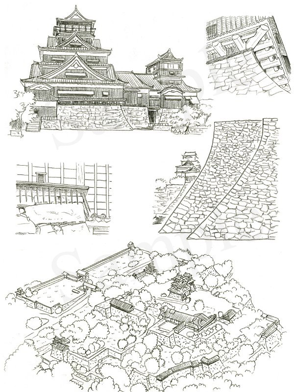 「日本の名城　解剖図鑑」　エクスナレッジ刊　熊本城　イラスト　鉛筆画