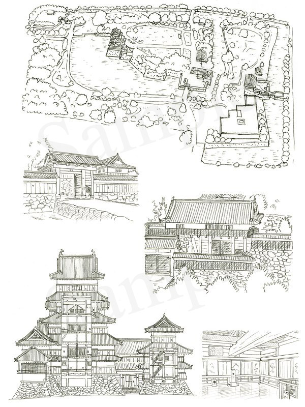 「日本の名城　解剖図鑑」　エクスナレッジ刊　松本城　イラスト　鉛筆画