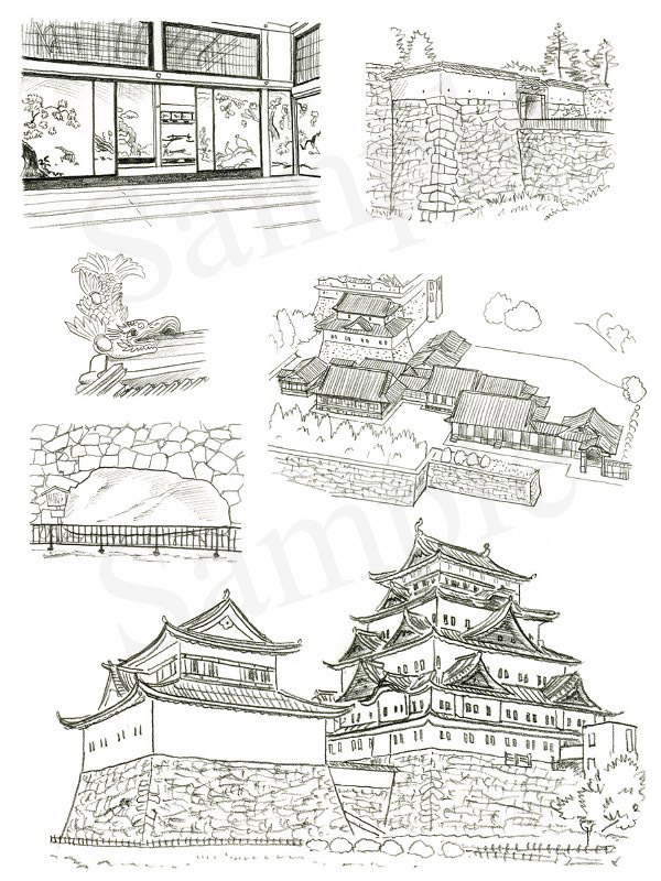 「日本の名城　解剖図鑑」　エクスナレッジ刊　名古屋城　イラスト　鉛筆画