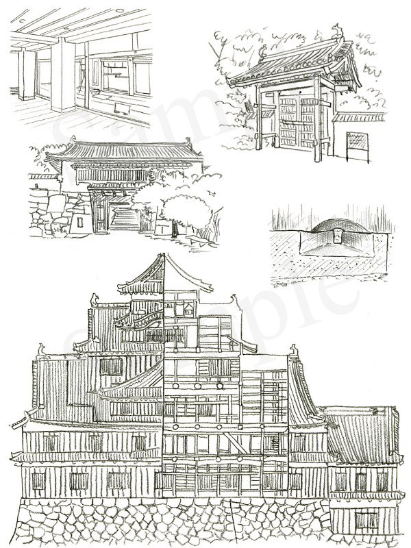 「日本の名城　解剖図鑑」　エクスナレッジ刊　岡山城　イラスト　鉛筆画