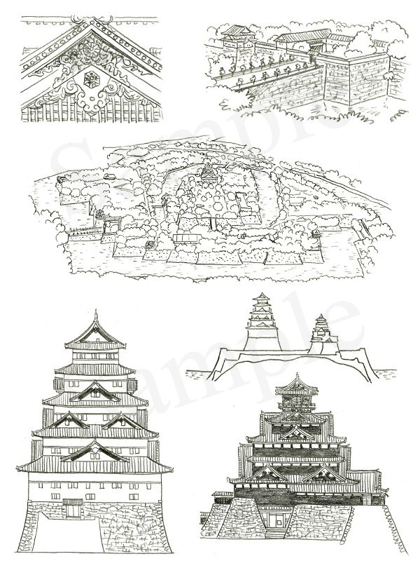 「日本の名城　解剖図鑑」　エクスナレッジ刊　大阪城　イラスト　鉛筆画