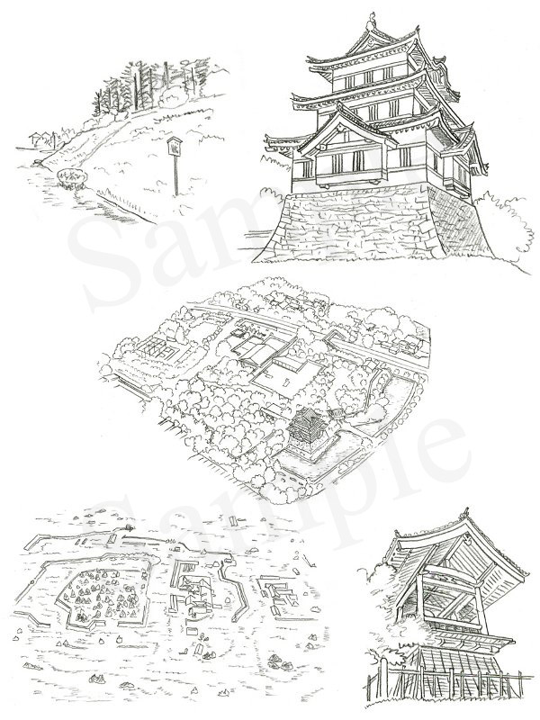 「日本の名城　解剖図鑑」　エクスナレッジ刊　忍城　イラスト　鉛筆画