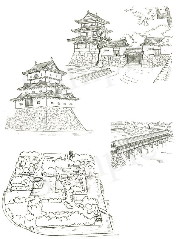 「日本の名城　解剖図鑑」　エクスナレッジ刊　高松城　イラスト　鉛筆画
