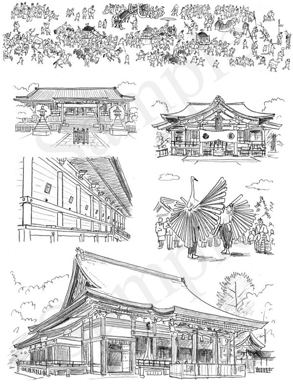 「神社の解剖図鑑」　エクスナレッジ刊　祇園信仰　イラスト　鉛筆画
