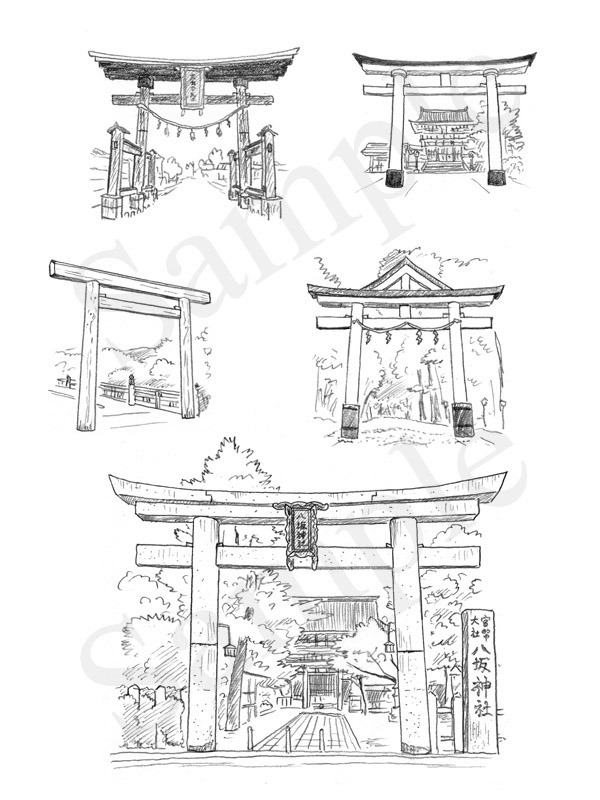 「神社の解剖図鑑」　エクスナレッジ刊　鳥居　イラスト　鉛筆画