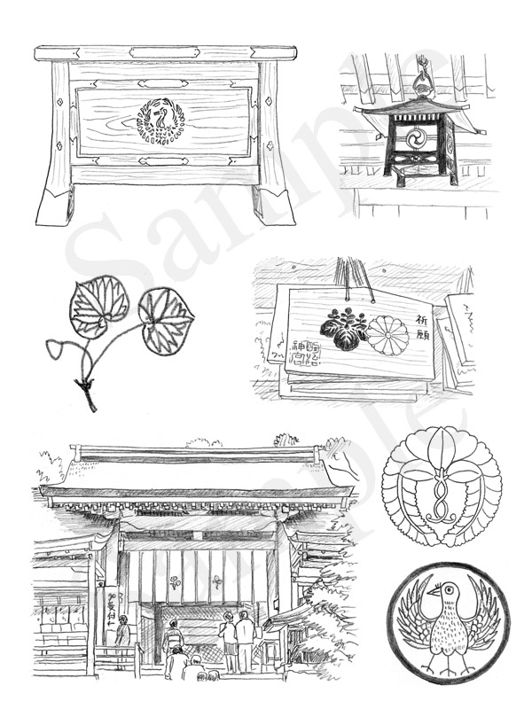 「神社の解剖図鑑」　エクスナレッジ刊　神紋　イラスト　鉛筆画