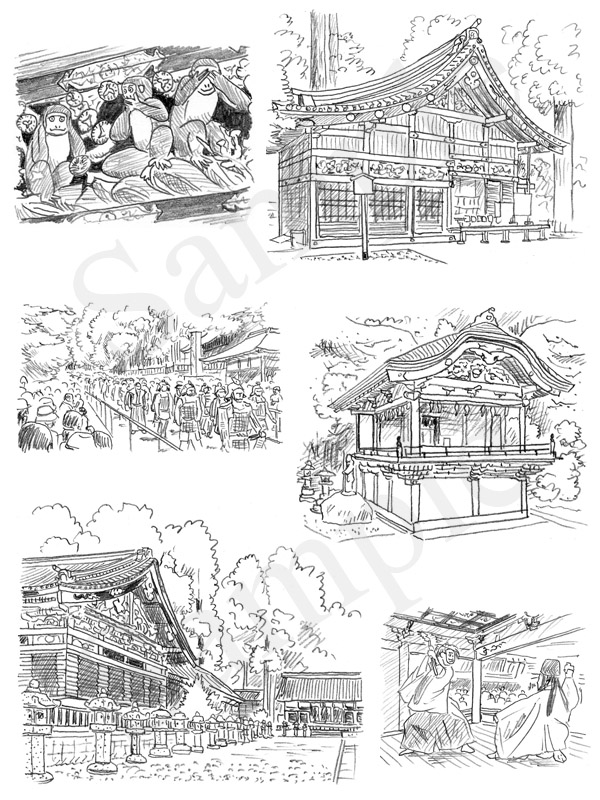 「神社の解剖図鑑」　エクスナレッジ刊　神社の建物　イラスト　鉛筆画