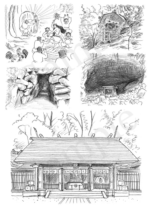 「神社の解剖図鑑」　エクスナレッジ刊　アマテラス　イラスト　鉛筆画