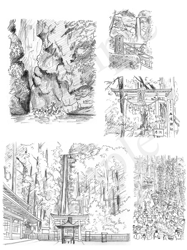 「神社の解剖図鑑」　エクスナレッジ刊　神々しい滝　イラスト　鉛筆画