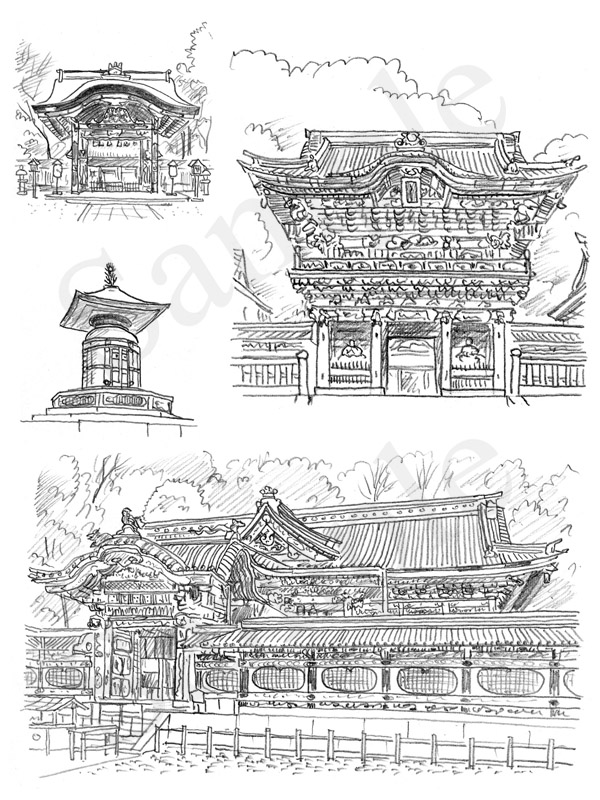 「神社の解剖図鑑」　エクスナレッジ刊　戦国大名　イラスト　鉛筆画