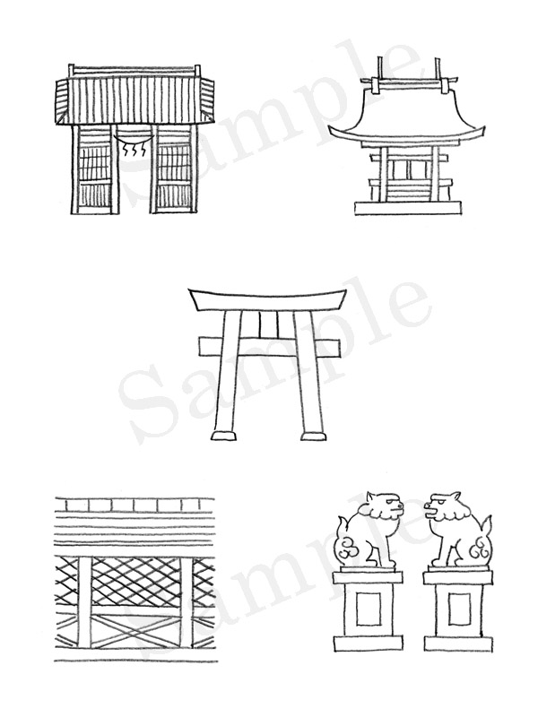 「神社の解剖図鑑」　エクスナレッジ刊　アイコン　イラスト　鉛筆画