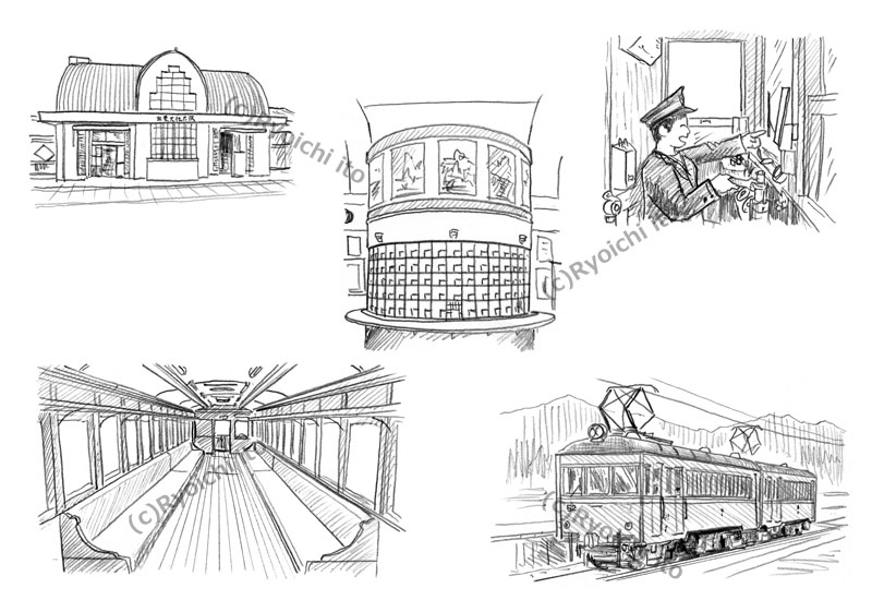 「ローカル鉄道の解剖図鑑」　一畑電車　北松江線・大社線　イラスト　鉛筆画 | 下北沢イラスト制作所　手描きのイラスト　いとう良一