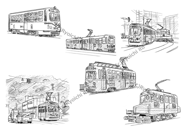 「ローカル鉄道の解剖図鑑」　札幌市電一条線　山鼻西線・山鼻線　　イラスト　鉛筆画 | 下北沢イラスト制作所　手描きのイラスト　いとう良一