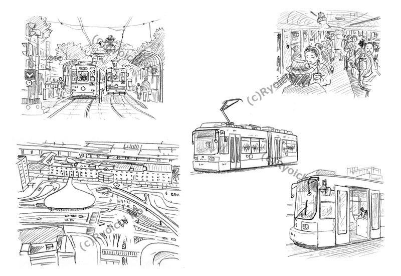 「ローカル鉄道の解剖図鑑」　熊本市電幹線　水前寺線・健軍線　イラスト　鉛筆画 | 下北沢イラスト制作所　手描きのイラスト　いとう良一