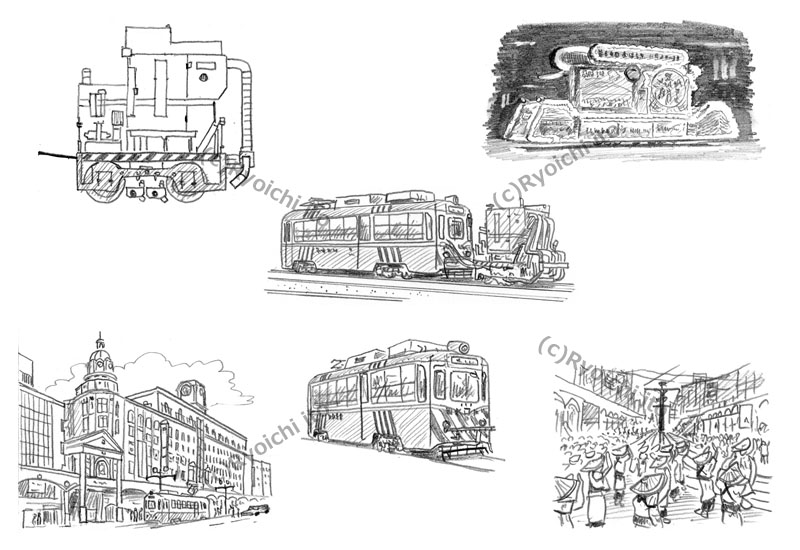 「ローカル鉄道の解剖図鑑」　鹿児島市電　谷山線・唐湊線　イラスト　鉛筆画 | 下北沢イラスト制作所　手描きのイラスト　いとう良一