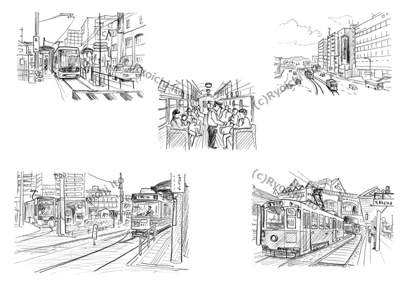 「ローカル鉄道の解剖図鑑」　長崎電気軌道本線　桜町支線・大浦支線　イラスト　鉛筆画 | 下北沢イラスト制作所　手描きのイラスト　いとう良一