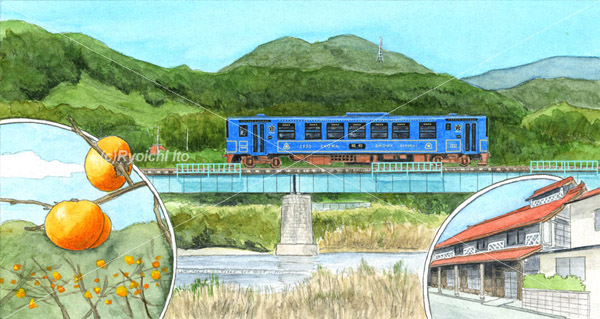 第2320回西日本宝くじ　ふるさとの景観紀行シリーズ46　若桜鉄道（鳥取県）　イラスト　透明水彩 | 下北沢イラスト制作所　手描きのイラスト　いとう良一