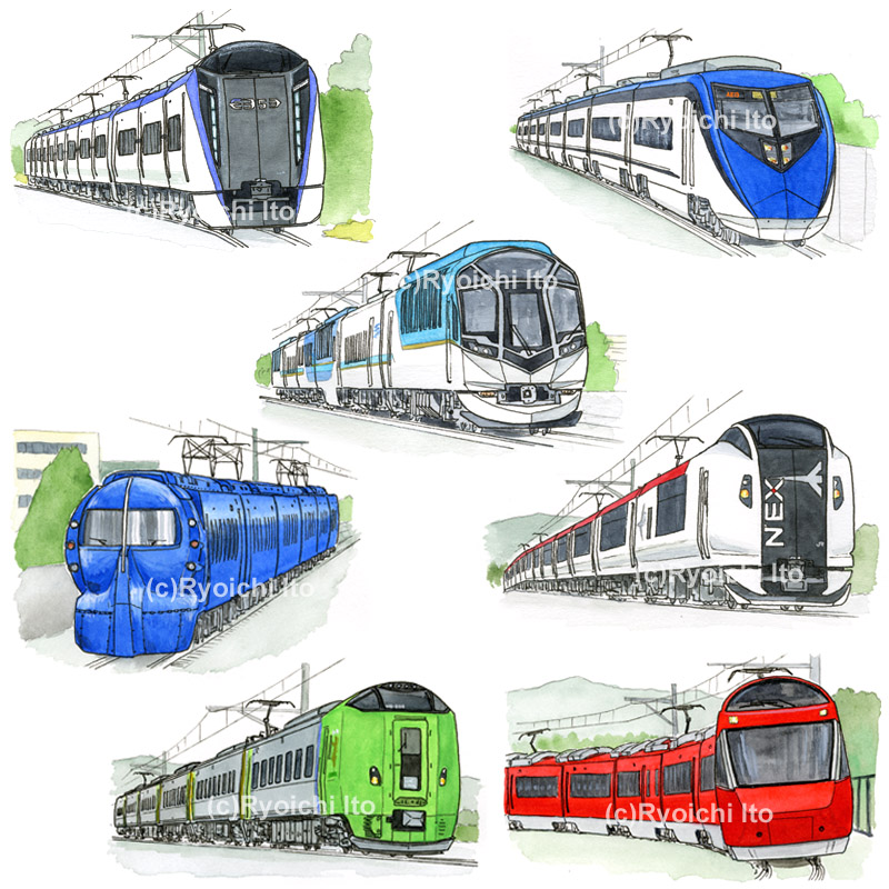 「たのしい 絵ずかん のりもの」　いとう良一著　交通新聞社　特急列車　ペン　透明水彩 | 下北沢イラスト制作所　手描きのイラスト　いとう良一