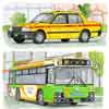 バス・タクシー《ペン＋透明水彩》左上から・水陸両用バス／2階建てバス／タクシー／ジャパンタクシー／路線バス