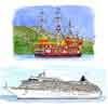 船《ペン＋透明水彩》左上から・ジェットフォイル／流氷観光船／遊覧船（箱根海賊船）／ライン下り／クルーズ客船（飛鳥号）