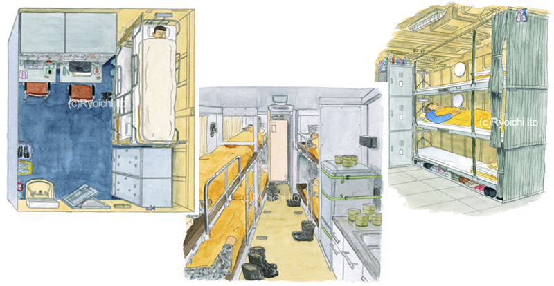 自衛隊オフィシャルマガジン『MAMOR』（扶桑社刊）　『海上自衛隊　護衛艦士官室』《透明水彩》イラスト (各15cm×16cm)