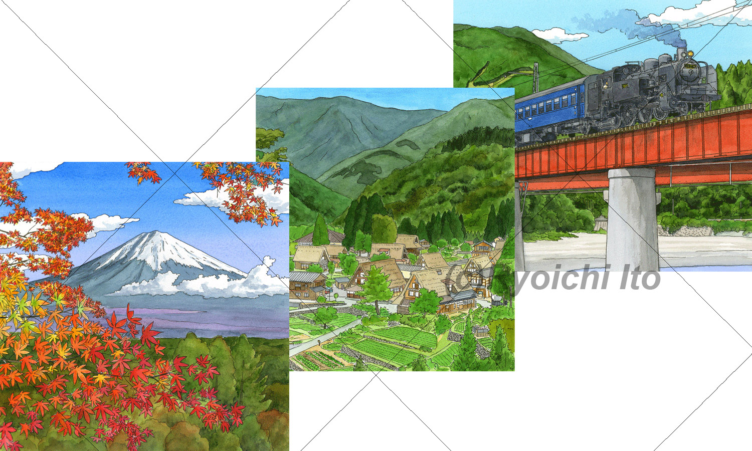 富士山と紅葉と青空（22cm×22cm）・富山県南砺市相倉合掌造り集落・静岡市大井川鐵道を走るＳＬ《手描きイラスト：ペン＋透明水彩》