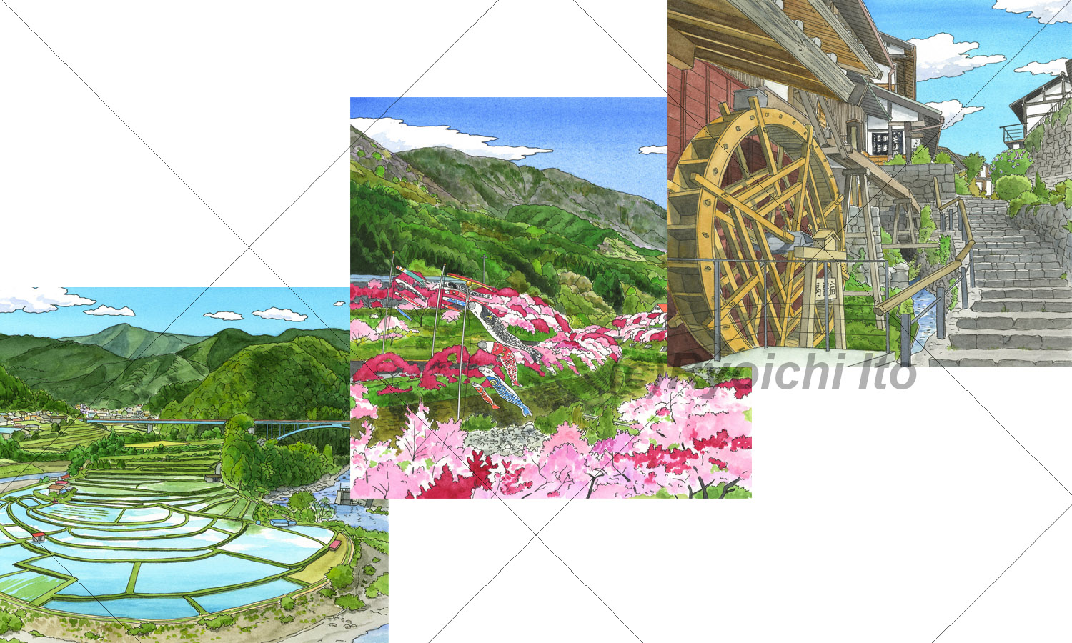 和歌山県有田川のあらぎ島の千枚田。有田側が蛇行してできた舌状台地で、大小54枚の水田が並ぶ棚田・長野県下伊那郡阿智村の花桃の里（22cm×22cm）・岐阜県中津川市の馬籠宿《手描きイラスト：ペン＋透明水彩》