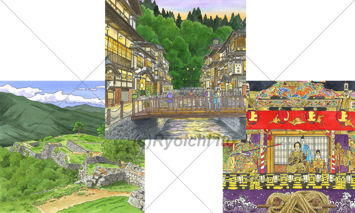 兵庫県朝来市の竹田城跡（20cm×22cm）・山片兼尾花沢市の銀山温泉・埼玉県を代表する民俗芸能小鹿野歌舞伎《手描きイラスト：ペン＋透明水彩》