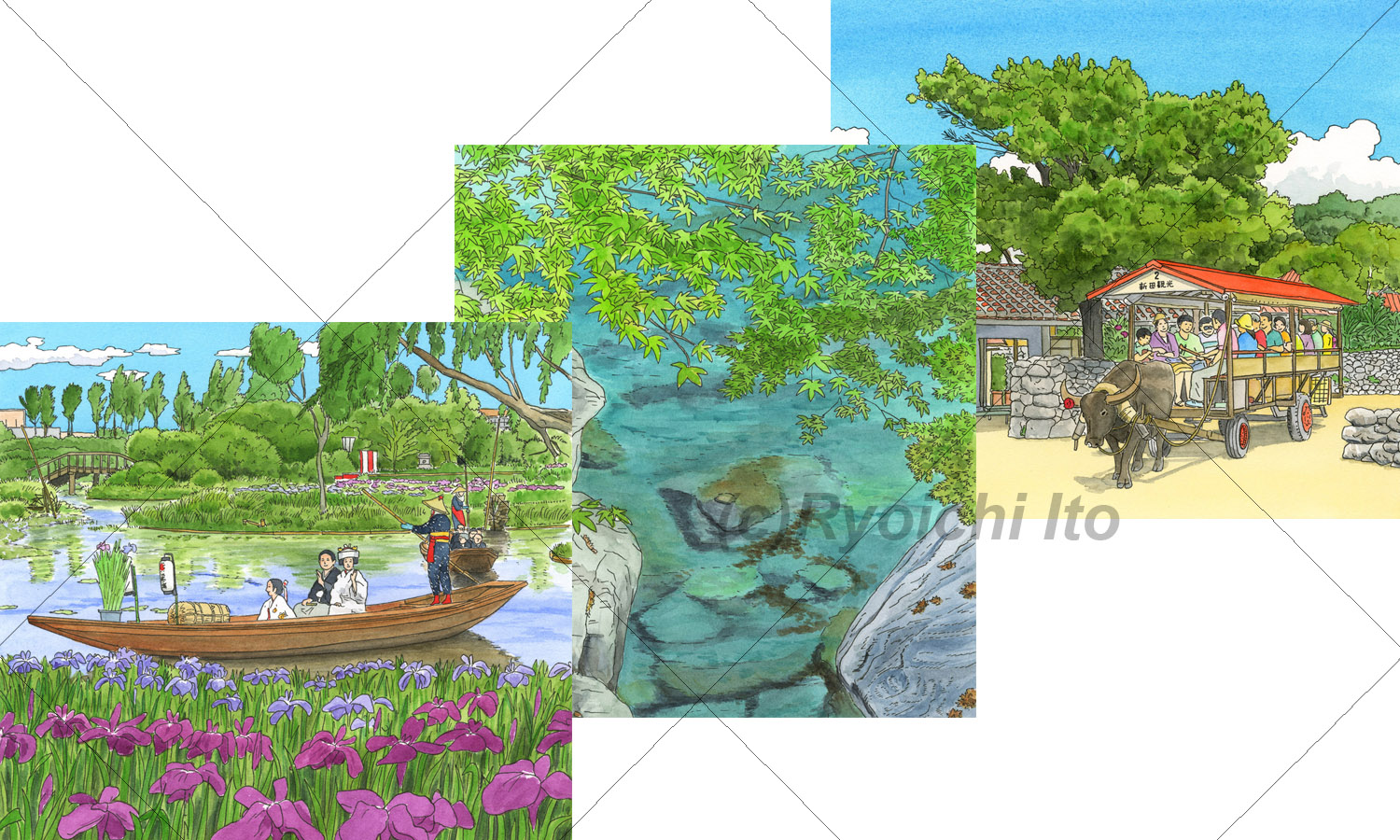 江戸時代中期から昭和初期にかけて利根川の水運により栄えた千葉県香取市の水郷佐原・高知県仁淀川町の安居渓谷。安居川上流約10キロに及ぶ渓谷・沖縄県南西の八重山諸島の1つである竹富島の観光牛車《手描きイラスト：ペン＋透明水彩》