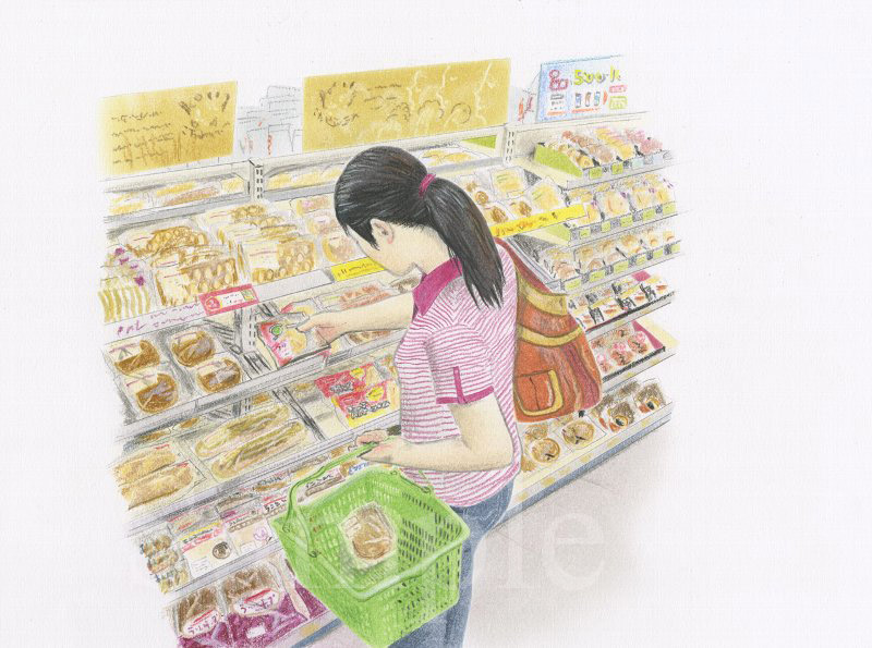 イラスト　色鉛筆　ファミリーマートユニオンムービー　『ファミリーマート店内でパンを選ぶ女性』