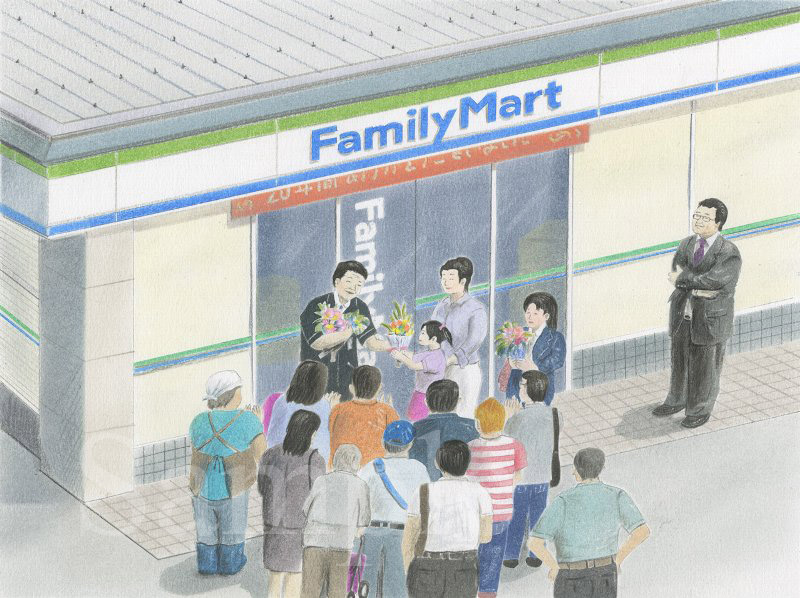 イラスト　色鉛筆　ファミリーマートユニオンムービー　『20年間営業した店舗を閉店する日、大勢のお客さんがねぎらいに…』