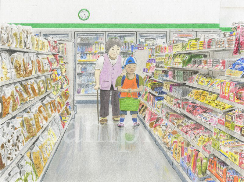 イラスト　色鉛筆　ファミリーマートユニオンムービー　『夏休みの午後、ファミリーマートで買い物をするのが、お祖母ちゃんとの日課』