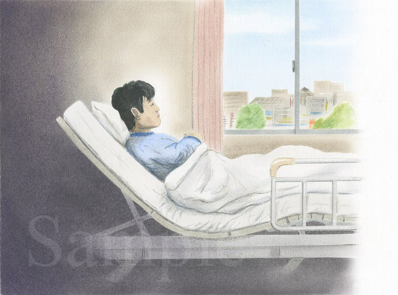 イラスト　色鉛筆　ファミリーマートユニオンムービー　『思わぬ入院で現場から離れてしまったが、仲間や知人たちがやって来て…』