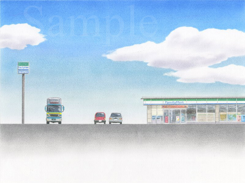 イラスト　色鉛筆　ファミリーマートユニオンムービー 『ある夏の午後、駐車している大型トラックで運転手が仮眠を取っていた』