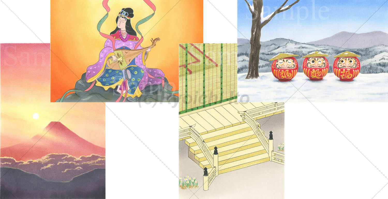 左から「赤富士とご来光」、「琵琶を奏でる弁財天様」、「平安時代の帝の謁見」、「笠だるま」を手描きによる色鉛筆画で描きました。（各22cm×15cm）
