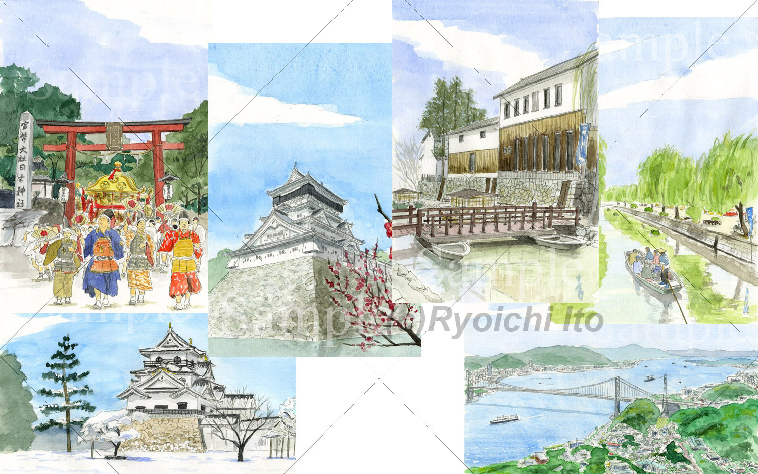 上段左から「滋賀県の日吉大社の山王祭」、「福岡県の小倉城」、「滋賀県の八幡堀」、「福岡県の柳川のお堀巡り」、下段左から「滋賀県の彦根城」、「福岡県の関門海峡の俯瞰」を手描きの透明水彩で描きました。（各22cm×15cm）