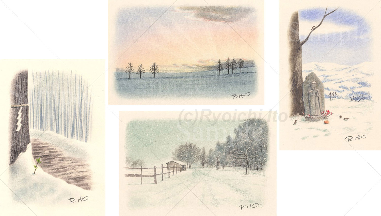 2004年版の年賀素材に描いたイラストで、左から「雪の参道(15cm×22cm)」、「北海道美瑛(22.5cm×15cm)」、「岩手小岩井農場の雪の牧場(30cm×20cm)」、「雪の地蔵菩薩(15cm×22cm) 」を手描きイラストの色鉛筆画で描きました。